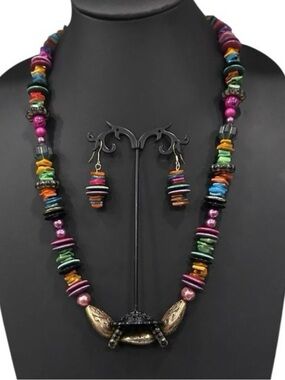 Handcrafted Boho-style
Beaded Necklace & Dangle Earrings Set Multicolor Beads